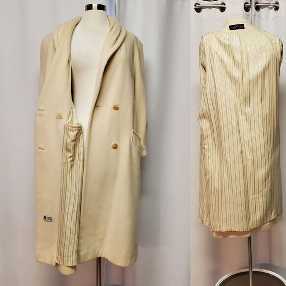 Vintage 80s Retro Cream Wool Blend Double Breasted Trench Coat XL - Picture 3 of 12